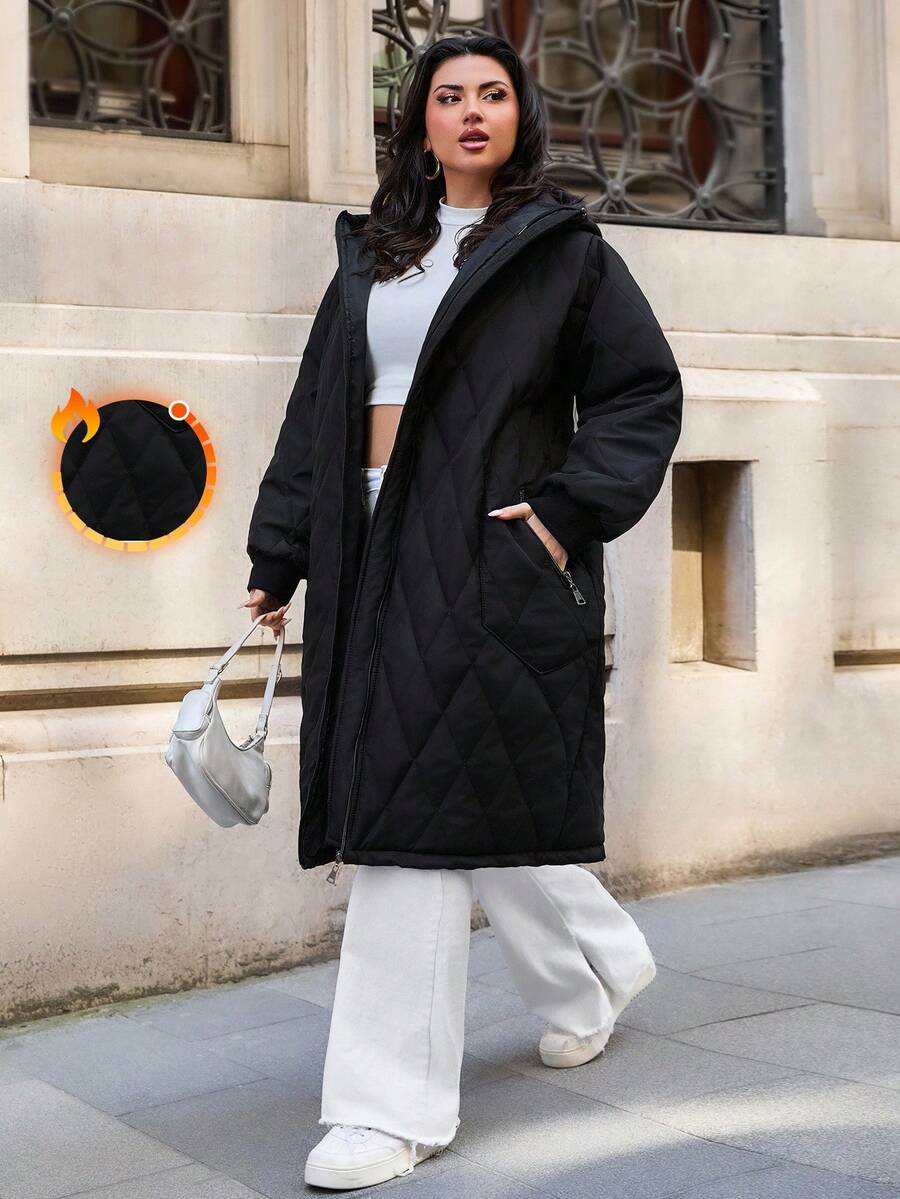 EURMUSE 大口袋长款连帽女士棉服外套，日常休闲，冬季女装，女士棉服外套 - 黑色 - 查看 1