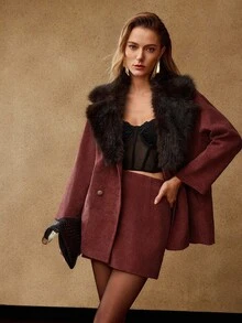 MOTF PREMIUM PŁASZCZ OVERSIZEROWY Z KOŁNIERZEM SZTRUKSOWYM, PATCHWORKOWY, JESIEŃ/ZIMA - Ciemnoróżowy - Zobacz 6