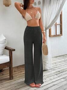 EURMUSE Women's Solid Color High Waist Flare Leg Knit Pants, Elegant For Autumn/Winter - Dark Grey - View 6