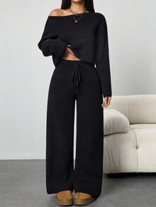 Flirla Set de 2 piezas de top holgado y pantalones de pierna ancha asimétricos de hombro sexy de estilo casual para otoño/invierno - Negro - Ver 5