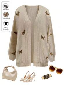 SHEIN Clasi Plus Size Women's Solid Color Knitted Butterfly Embroidered Long Sleeve Casual Cardigan, Winter - Khaki - View 1
