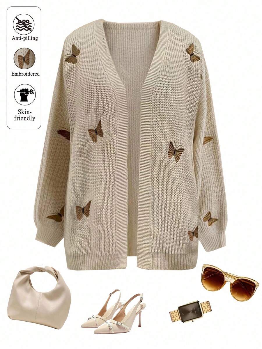 SHEIN Clasi Plus Size Women's Solid Color Knitted Butterfly Embroidered Long Sleeve Casual Cardigan, Winter - Khaki - View 1