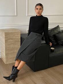 Livesso Rok Kantor Kasual Wanita untuk Perjalanan Kerja, Desain Longgar, Hem Asimetris, Penutup Kancing, Warna Polos, Bergaya untuk Musim Gugur & Musim Dingin - Dark Grey - View 4