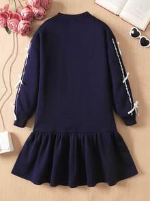 Lässiger Schul-Stil für Tween Mädchen, locker geschnittenes Sweatshirt-Kleid mit Spitzenbesatz, Schleifenapplikation, Patchwork und Rüschensaum, thermisch gefüttert, marineblau, Herbst-Winter-Kleidung für Frauen, Marineblau Tween Mädchen Kleid, Marineblau Tween Mädchen Langarm-Kleid - marineblau - Übersicht 2