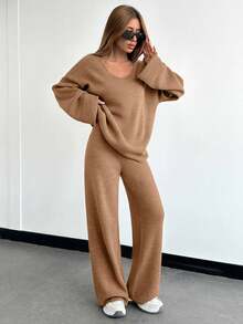 EURMUSE Damen V-Ausschnitt Glockenärmel Detail Pullover und Hose Set, Petite Damen - Kamelfarben - Übersicht 3