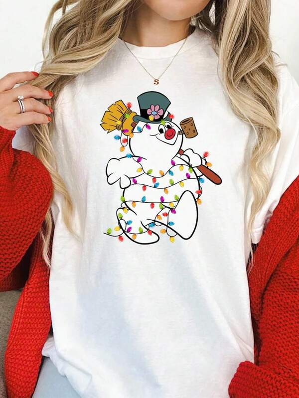EMERY ROSE Women's Casual Everyday Snowman Print Round Neck Short Sleeve T-Shirt Christmas