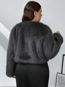 SHEIN Privé Plus Size Women Solid Color Loose Fit Faux Fur Collar-Less Long Sleeve Jacket, Winter