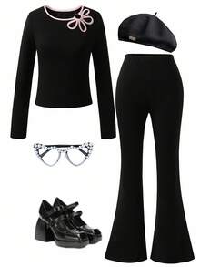 青少年女孩休闲可爱 Y2K 风格花朵镂空 T 恤和喇叭裤套装秋冬 - 黑色 - 查看 1