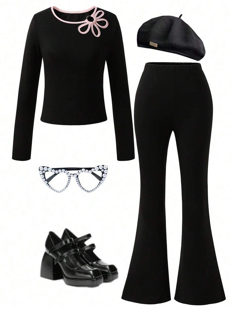 青少年女孩休闲可爱 Y2K 风格花朵镂空 T 恤和喇叭裤套装秋冬 - 黑色 - 查看 1