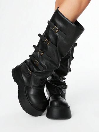 Grunge Punk Women's Brown Buckle Zipper Platform Mid-Calf Boots, Daily Wear Dark Punk Campus Y2K Gothic Leather High Shaft Boots