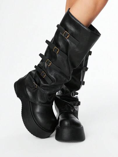Grunge Punk Women's Brown Buckle Zipper Platform Mid-Calf Boots, Daily Wear Dark Punk Campus Y2K Gothic Leather High Shaft Boots