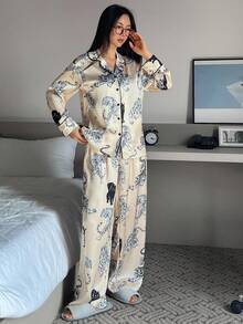 DAZY Conjunto de pijama de mujer con estampado animal de satén, ropa de otoño