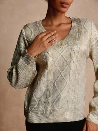 Vesra Spring/Autumn Shiny Metallic Rhombus Textured Loose V-Neck Knit Pullover Sweater