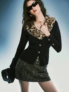 Airlisse Women's Y2K Casual Fashionable Street Leopard Print Patchwork Fur Collar Fitted Cardigan, Autumn