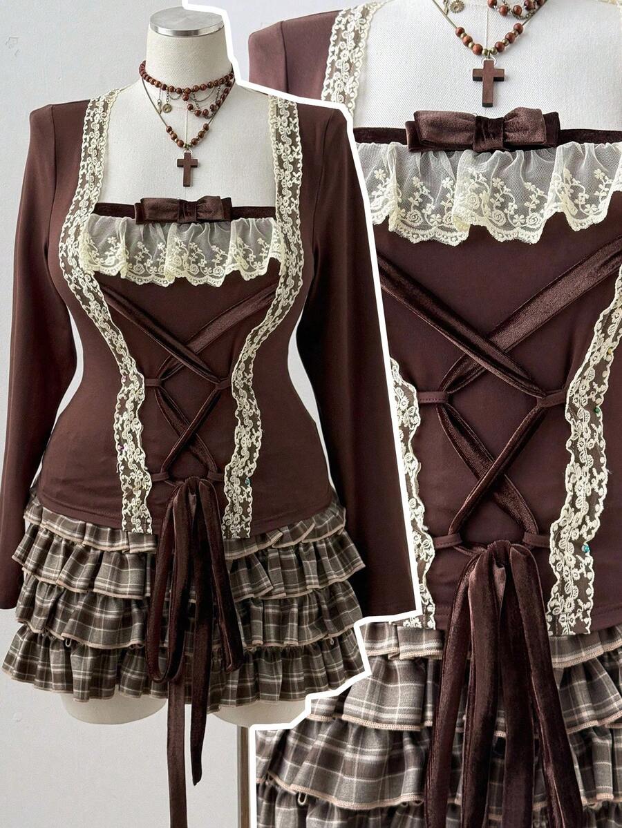 Sunspun Áo thun tay dài thoải mái, họa tiết ren, nơ, họa tiết chắp vá cỡ lớn dành cho nữ, mùa thu/đông - màu nâu - Xem 1