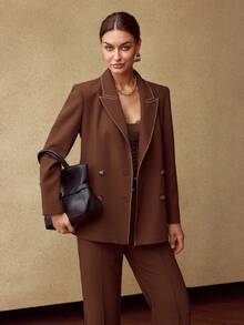 MOTF PREMIUM Áo khoác blazer nữ có đường may tương phản, mùa thu/đông - Cà phê nâu - Xem 4