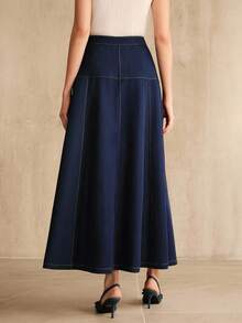 Anewsta Elegant Casual A-Line Denim Single-Breasted Skirt For Women - Blue - View 2