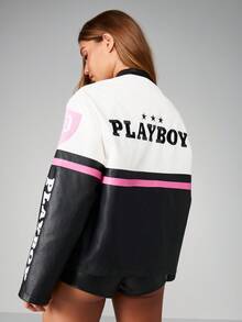 Missguided x Playboy Y2K Fashion Racing Moto Biker Jacket Retro 90s Street Style Oversized Racing Leather Color Block Outerwear Fall Winter Statement Piece - Multicolor - View 2