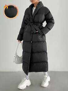 SHEIN PETITE Extra voluminöser langer schwarzer Wintermantel für Damen