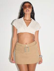 KIZN Wrap Front Cropped Top With Collar Button Up Blouse Wide Short Sleeves Summer Spring Casual Office Career Workwear - Apricot - View 5