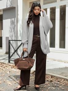 Vionelle Plus Size Women Elegant Gray Knit Blend Open Front Short Sleeve Cardigan