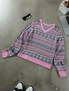 Manfinity EMRG Suéter casual masculino com estampa geométrica, outono/inverno - Multicolorido - Ver 1