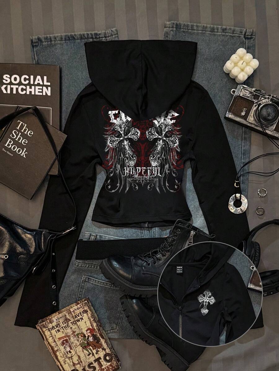 Attitoon 休闲简约十字图案女式纯色修身连帽T恤，秋季 - 黑色 - 查看 1