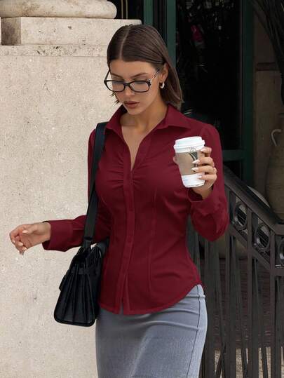 Siren Gaze Women's Solid Color Pleated Button Long Sleeve Blouse,Red Top Winter Christmas New Year Burgundy Casual Spring Valentine's Day
