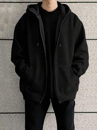 Manfinity Dauomo Men Letter Printed Zip-Up Hooded Casual Sweatshirt, Fall