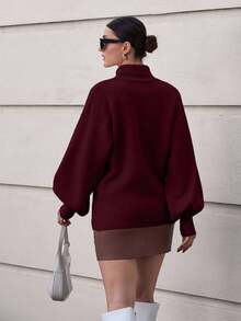 EURMUSE Solid Color High Neck Floral Lace Knitted Elegant Long Sleeve Sweater - Burgundy - View 2