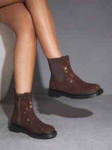 CUCCOO SZL Women's Round Toe Thick Sole Fashionable British Style Coffee Color Fully Rhinestoned Luxurious Personalized Chelsea Boots, Boots, Motorcycle Ankle Boots