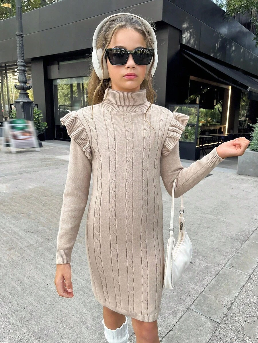 SHEIN Tween Girls Cute Cap Sleeve Fitted Pullover Knit Dress, Sweet & Fashionable Casual Versatile Autumn Winter Clothes FGirlmen - Apricot - View 1