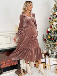 SHEIN فستان أنيق بأكمام طويلة وياقة على شكل حرف V وحافة مكسرة للنساء الحوامل بلون أحادي