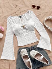 Soleia Nueva blusa de mujer de punto con cuello cuadrado, diseño de diamante calado, cintura ceñida y ajustada, adecuada para otoño/invierno, fiestas, citas, San Valentín, Pascua, carnaval, té de la tarde, crucero de playa, vacaciones en la ciudad, estilo bohemio, romántico floral, vacaciones, floral - Blanco - Ver 3