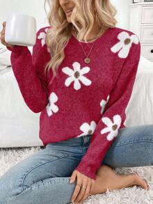 EMERY ROSE Sweater Rajut Wanita Kasual Bermotif Bunga Lembut, Leher Bulat, Bahu Longgar, Lengan Panjang, Musim Gugur/Dingin, Natal - Burgundy - View 6