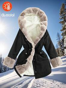 SHEIN 青少年女孩休闲棉衣，带保暖衬里，撞色蓬松装饰兜帽，腰部抽绳，口袋，中长款，黑色，适合秋冬季 - 黑色 - 查看 2