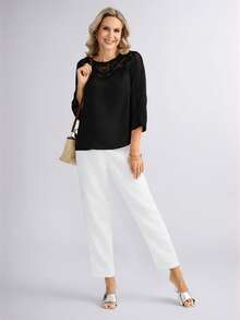 Miaspire 定制花卉领口拼接女士休闲度假衬衫，春夏母亲节礼物，黑色上衣 - 黑色 - 查看 4