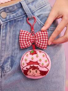 Strawberry Shortcake X SHEIN Móc khóa hình nhân vật hoạt hình kẻ caro và nơ, ý tưởng quà tặng. - Hồng - Xem 7