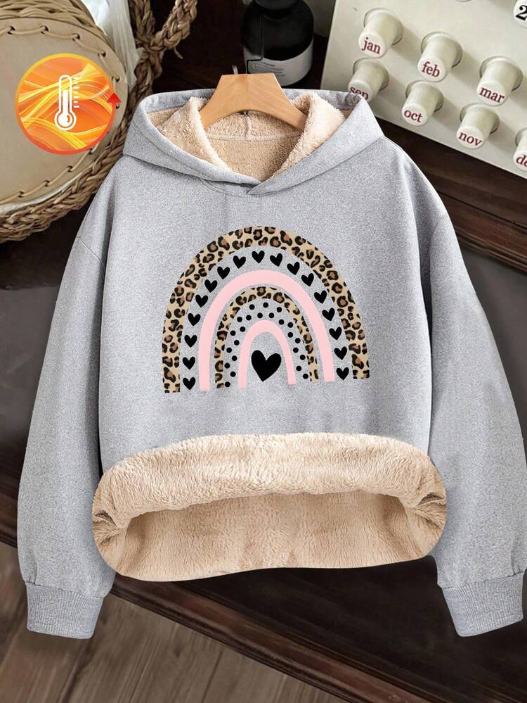 Sparklyn 1pc Tween Girl Hooded Sweatshirt, Casual Leopard Print Heart Vintage Graphic Long Sleeve Pullover, Loose Fit Autumn/Winter Campus Indoor, Holiday Wear - Light Grey - View 1