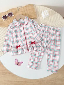 2pcs Baby Girls' Long Sleeve Cardigan Top And Pants Homewear Set, Knitted Fabric, Cute Plaid Pattern, Comfortable And Soft Toddler Checkered Outfit Baby Clothes Girl Plaid Baby Girl Checkered Outfit