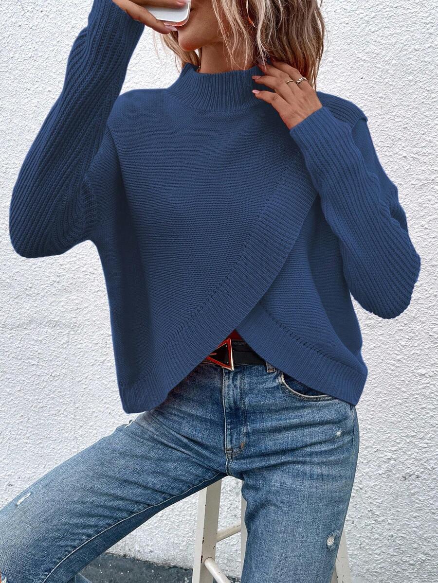EMERY ROSE Women's Solid Color Stand Collar Drop Shoulder Long Sleeve Casual Pullover Sweater, Autumn/Winter - Navy Blue - View 1
