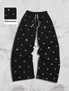 ROMWE MEN Street Life Men's Autumn/Winter Fashion Rhinestone Drawstring Waist Sweatpants - Black - View 4