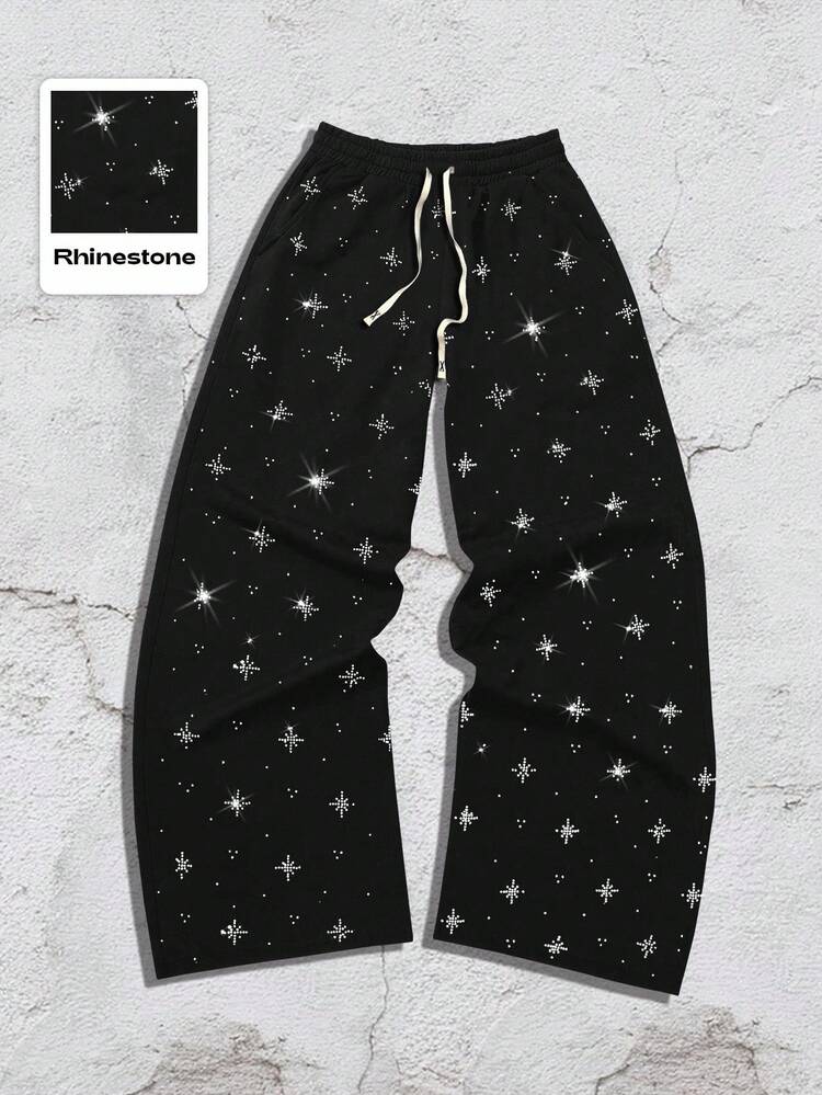 ROMWE MEN Street Life Men's Autumn/Winter Fashion Rhinestone Drawstring Waist Sweatpants - Black - View 4