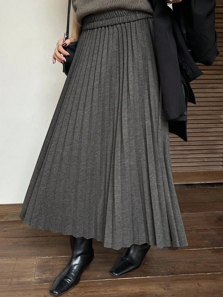 Women's Elegant Solid Color Pleated A-Line Skirt, Autumn Winter Women Skirts