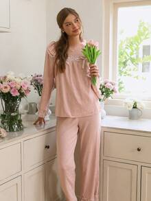 Snug Reverie 复古宫廷风蕾丝拼接方领多层荷叶边袖口长袖上衣长裤女士睡衣套装蕾丝睡衣套装家居服套装女士家居服套装女士睡衣套装，秋冬服装 - 淺粉色 - 查看 1