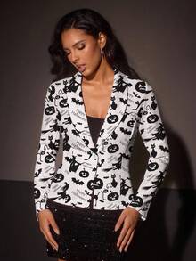 Shutterstock Glamance Halloween Casual Minimalist Women Pumpkin Print Long Sleeve Blazer, Suitable For Autumn Party & Gathering - Multicolor - View 4