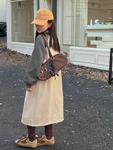 DAZY Tween Girls Knitted Collared Color Block Raglan Sleeve Dress, Fall - Apricot - View 4