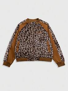 ROMWE MEN Street Life Herren Leopard Muster Patchwork Wildleder-Optik Jacke, Street Style amerikanischer Buchstaben Stickerei Mantel, Herbst/Winter - Kaffeebraun - Übersicht 4