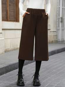 SHEIN LUNE Pantaloni casual vintage da donna a gamba ampia con tasche inclinate, pantaloni a gamba ampia color marrone autunnali, pantaloni a gamba ampia color marrone da uscire autunnali e invernali - Castano - Visualizzare 3