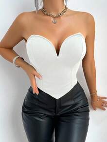 BamGleam 女士时尚纯色修身 V 领吊带背心上衣，女士休闲不对称，索环孔眼，系带露肩修身纯色女式上衣，春夏，新年派对/夜总会 - 白色 - 查看 5